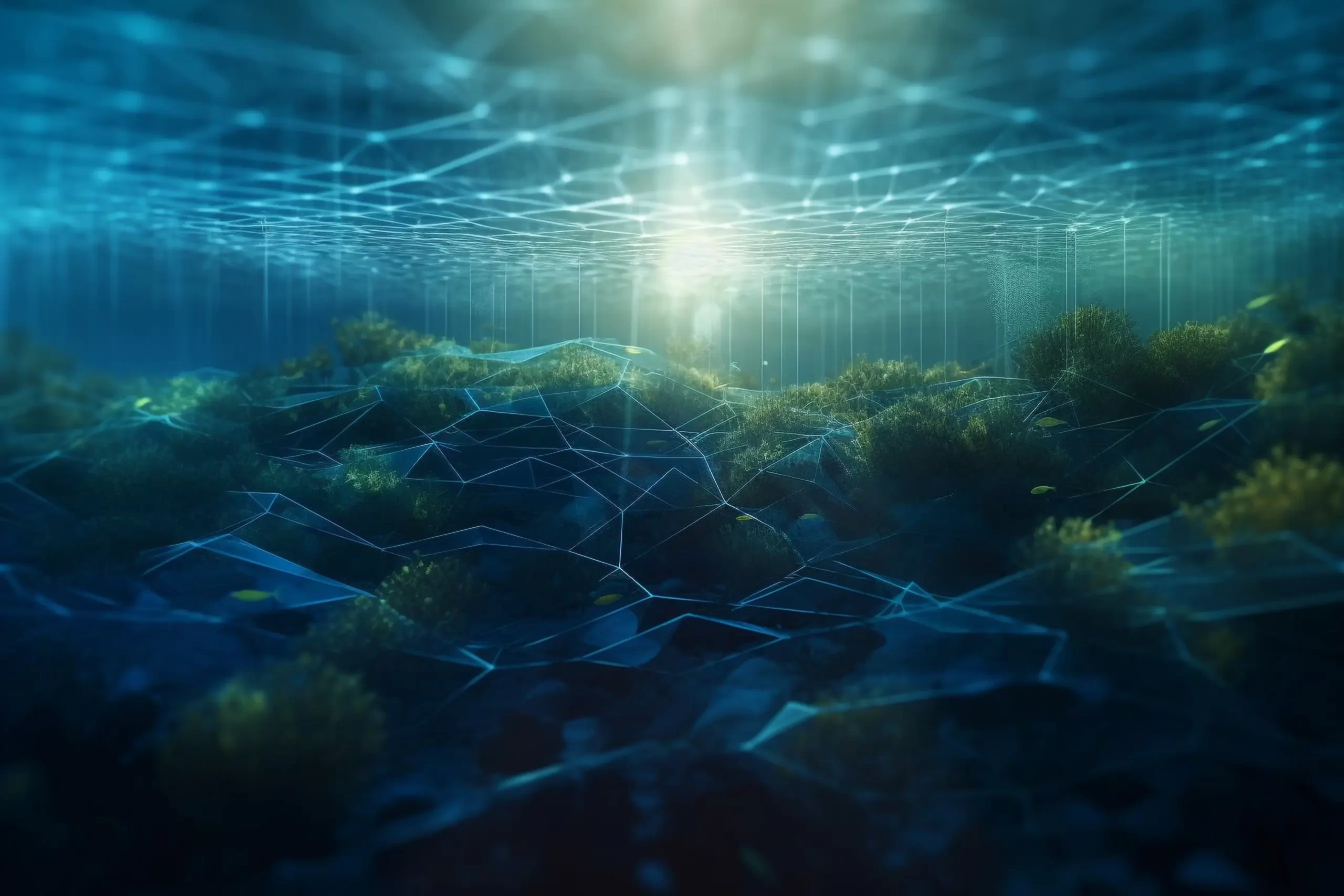 Gathering data from water concept graphic showing blue lines over algae in the sea.