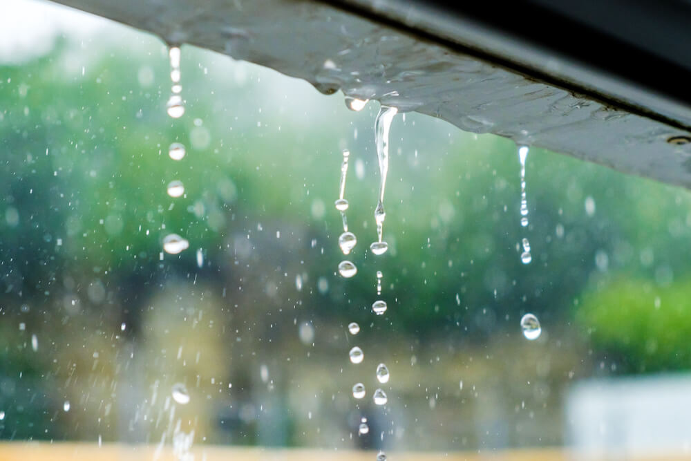 A close-up of rainwater droplets falling from a roof with trees in the background