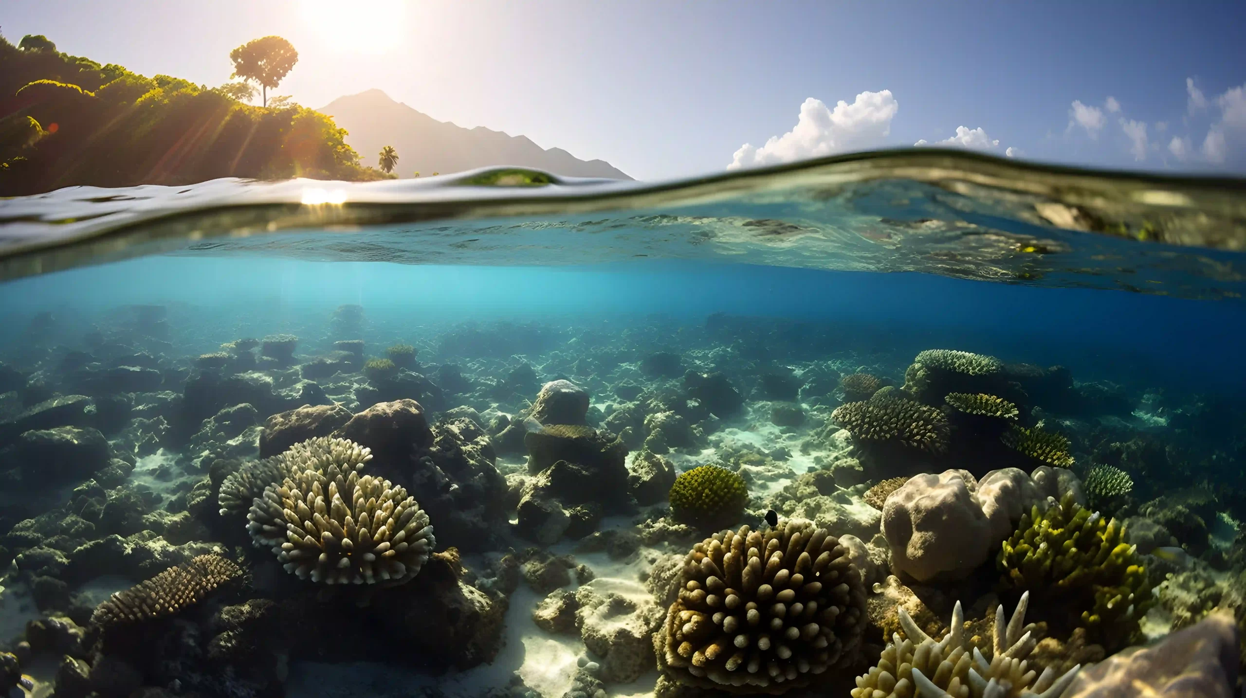 Lifeless, bleached coral suffering under a blazing hot sun.