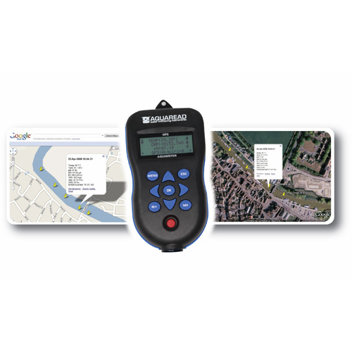 Aquaread's handheld GPS Aquameter pictured in front of two maps showing data locations.